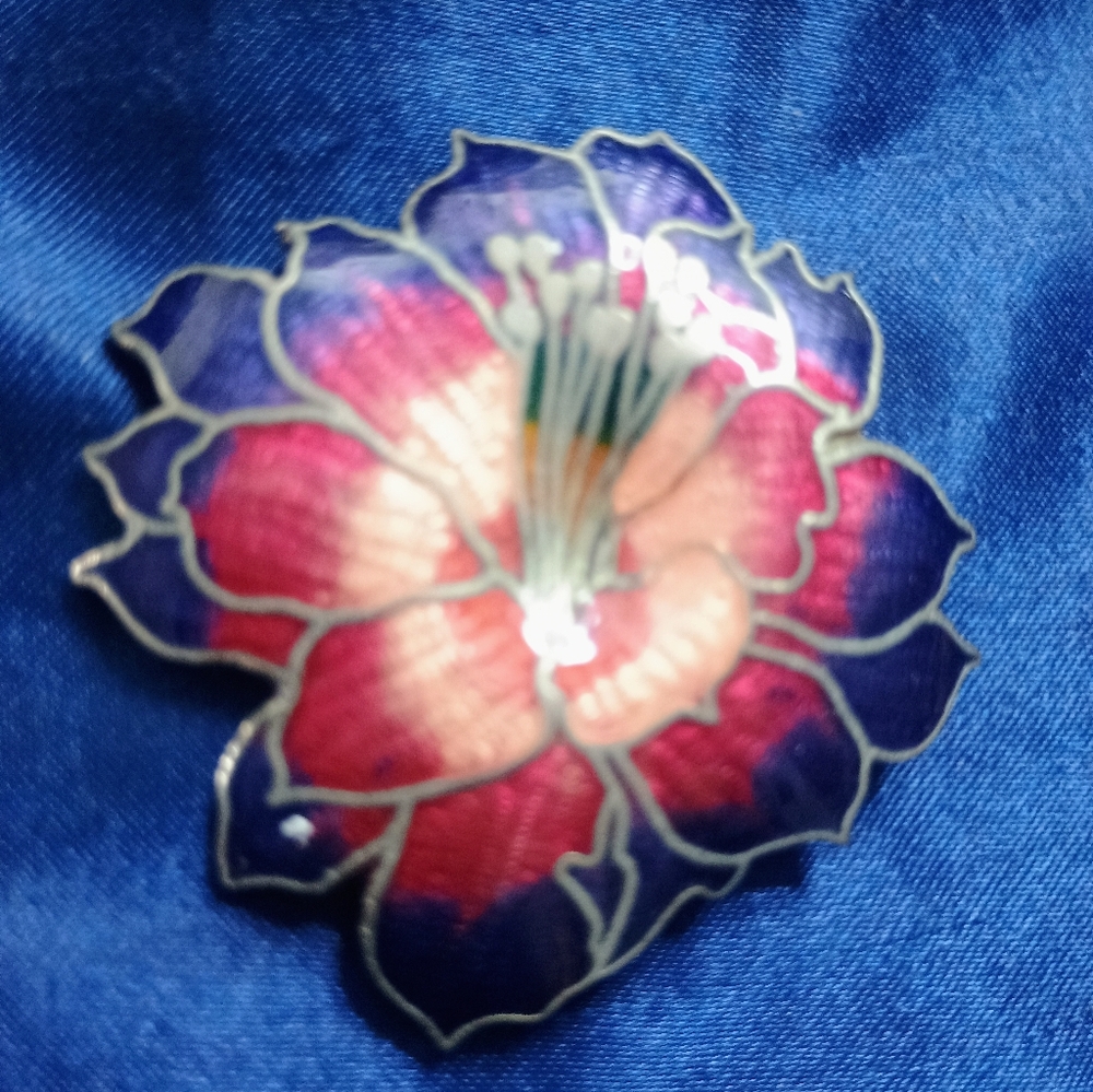 Floral Brooch - Pink and Purple Vintage Cloisonné Hibiscus Flower Pin Brooch